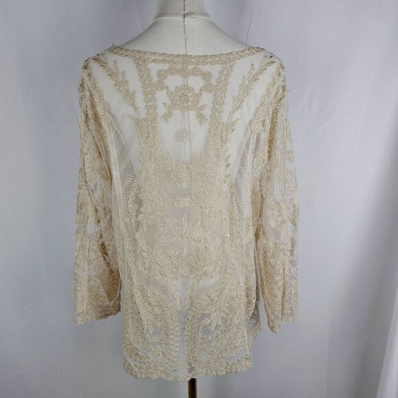 Banana USA Gold Lace Top Medium Sheer Crochet Boho Tunic Layer - Picture 4 of 8